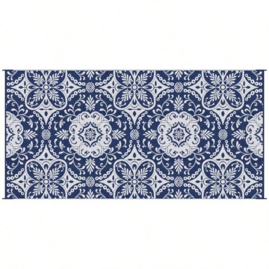 Outsunny Reversible Outdoor Rug Carpet, 9x 18 Waterproof Plastic Straw Rug, Portable RV Camping Rugs with Carry Bag, Large Floor Backyard, Deck, Picnic, Beach, Blue White Floral