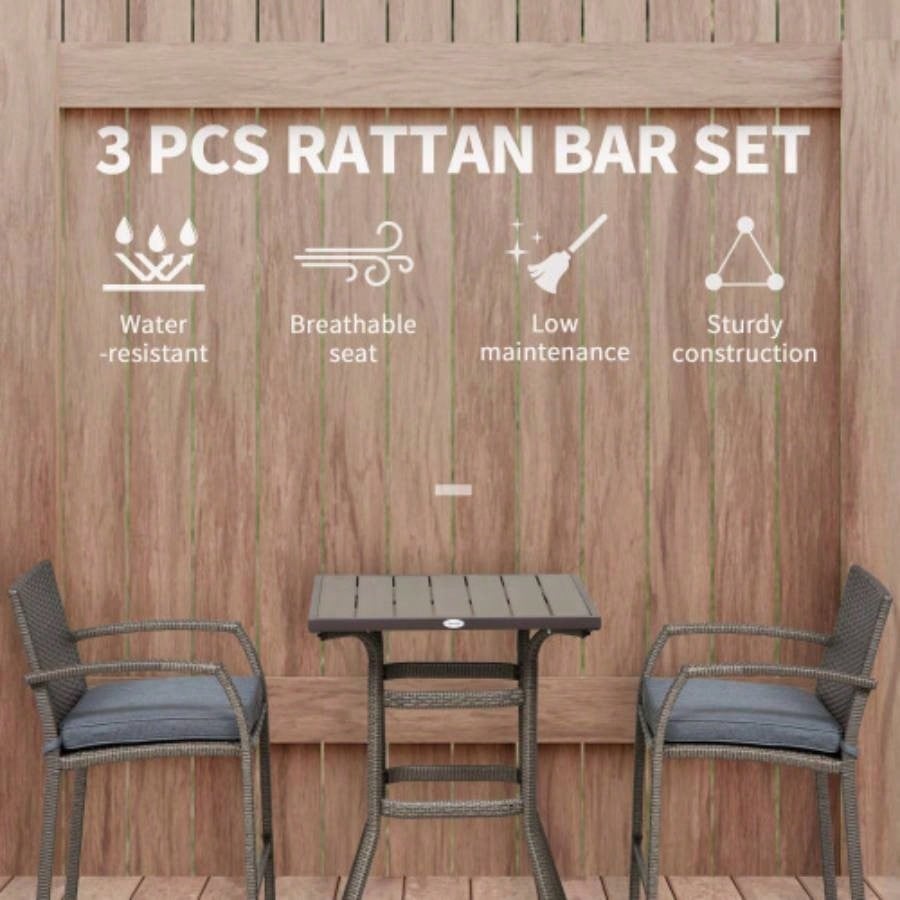 Outsunny 3 PCS Rattan Wicker Bar Set with Wood Grain Top Table and 2 Bar Stools Outdoor, Patio, Poolside, Garden,
