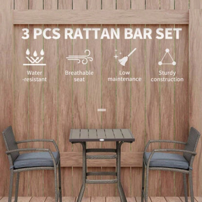 Outsunny 3 PCS Rattan Wicker Bar Set with Wood Grain Top Table and 2 Bar Stools Outdoor, Patio, Poolside, Garden,