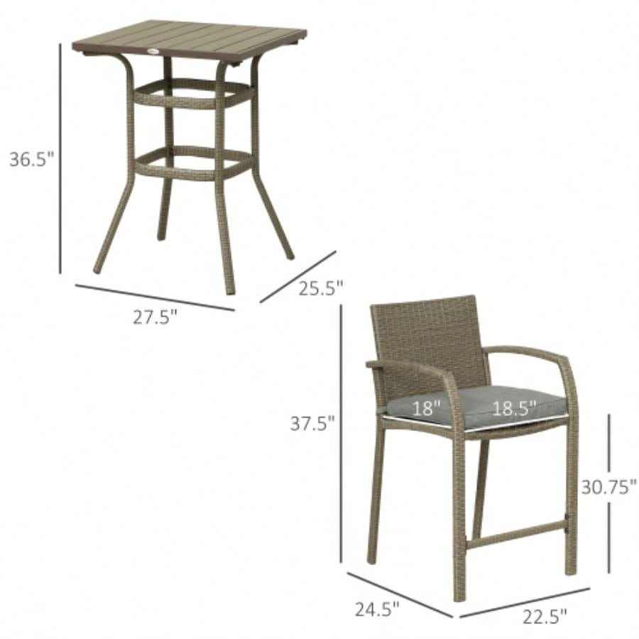 Outsunny 3 PCS Rattan Wicker Bar Set with Wood Grain Top Table and 2 Bar Stools Outdoor, Patio, Poolside, Garden,