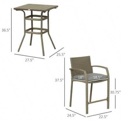 Outsunny 3 PCS Rattan Wicker Bar Set with Wood Grain Top Table and 2 Bar Stools Outdoor, Patio, Poolside, Garden,