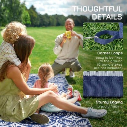 Outsunny Reversible Outdoor Rug Carpet, 9x 18 Waterproof Plastic Straw Rug, Portable RV Camping Rugs with Carry Bag, Large Floor Backyard, Deck, Picnic, Beach, Blue White Floral