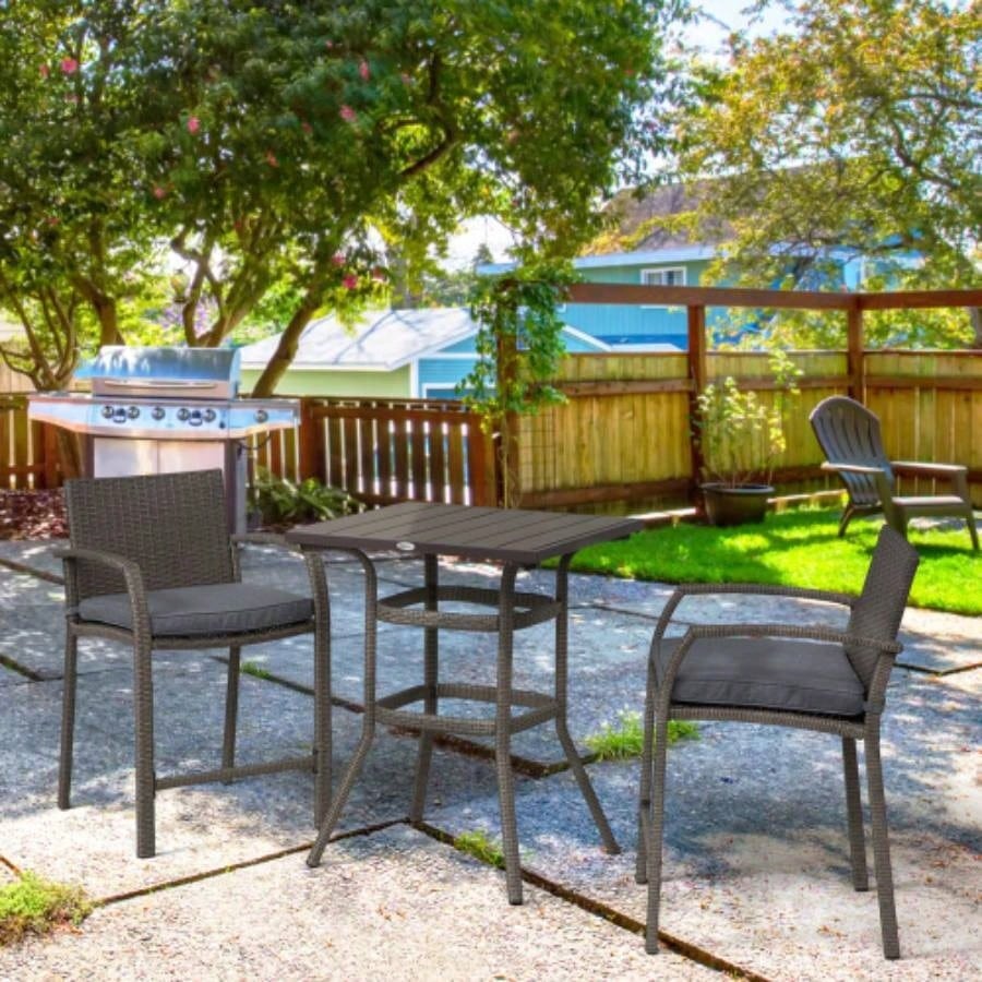 Outsunny 3 PCS Rattan Wicker Bar Set with Wood Grain Top Table and 2 Bar Stools Outdoor, Patio, Poolside, Garden,