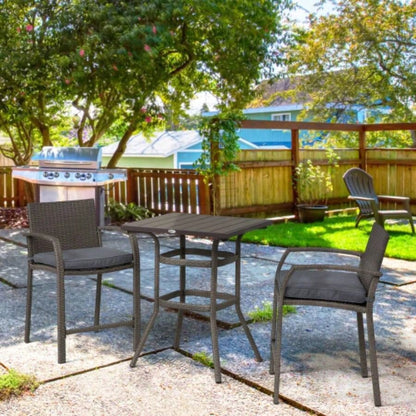 Outsunny 3 PCS Rattan Wicker Bar Set with Wood Grain Top Table and 2 Bar Stools Outdoor, Patio, Poolside, Garden,