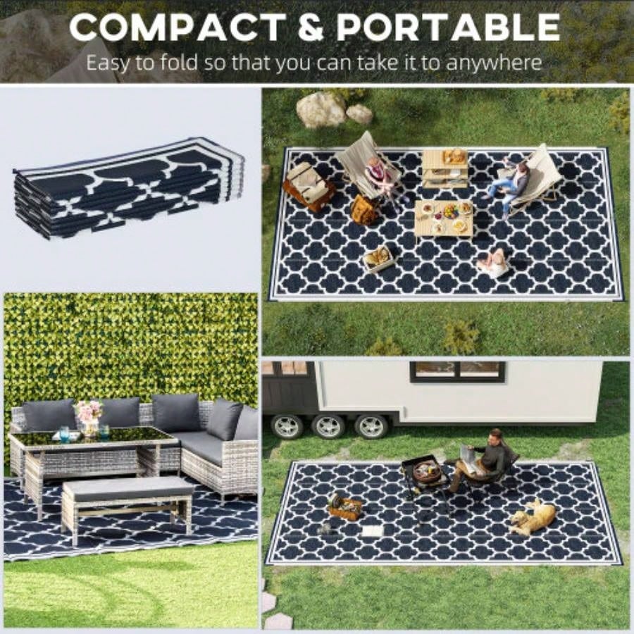 Outsunny Reversible Outdoor Rug Carpet, 9x 18 Waterproof Plastic Straw Rug, Portable RV Camping Rugs with Carry Bag, Large Floor Backyard, Deck, Picnic, Beach, Blue White