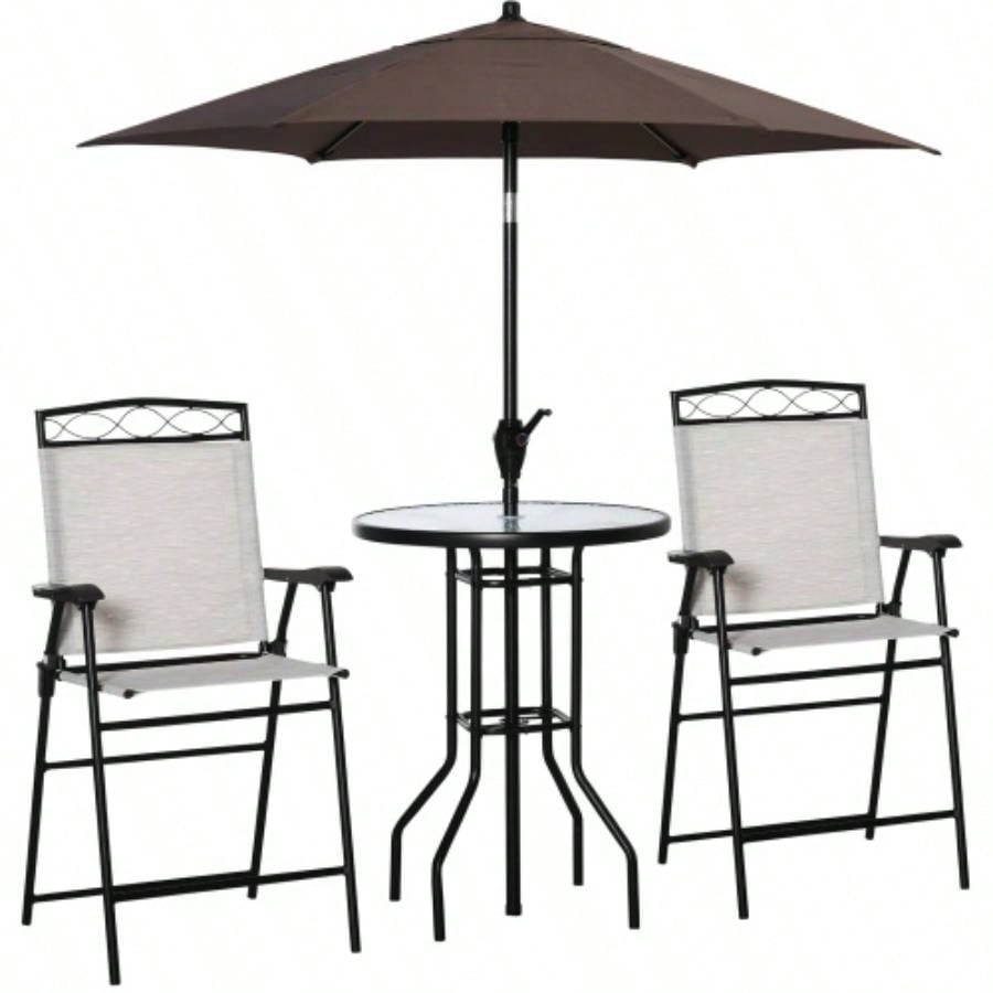 Outsunny 4 Piece Outdoor Patio Dining Furniture Set, 2 Folding Chairs, Adjustable Angle, Wave Textured Tempered Glass Dinner Table, Beige
