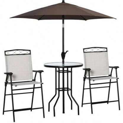Outsunny 4 Piece Outdoor Patio Dining Furniture Set, 2 Folding Chairs, Adjustable Angle, Wave Textured Tempered Glass Dinner Table, Beige