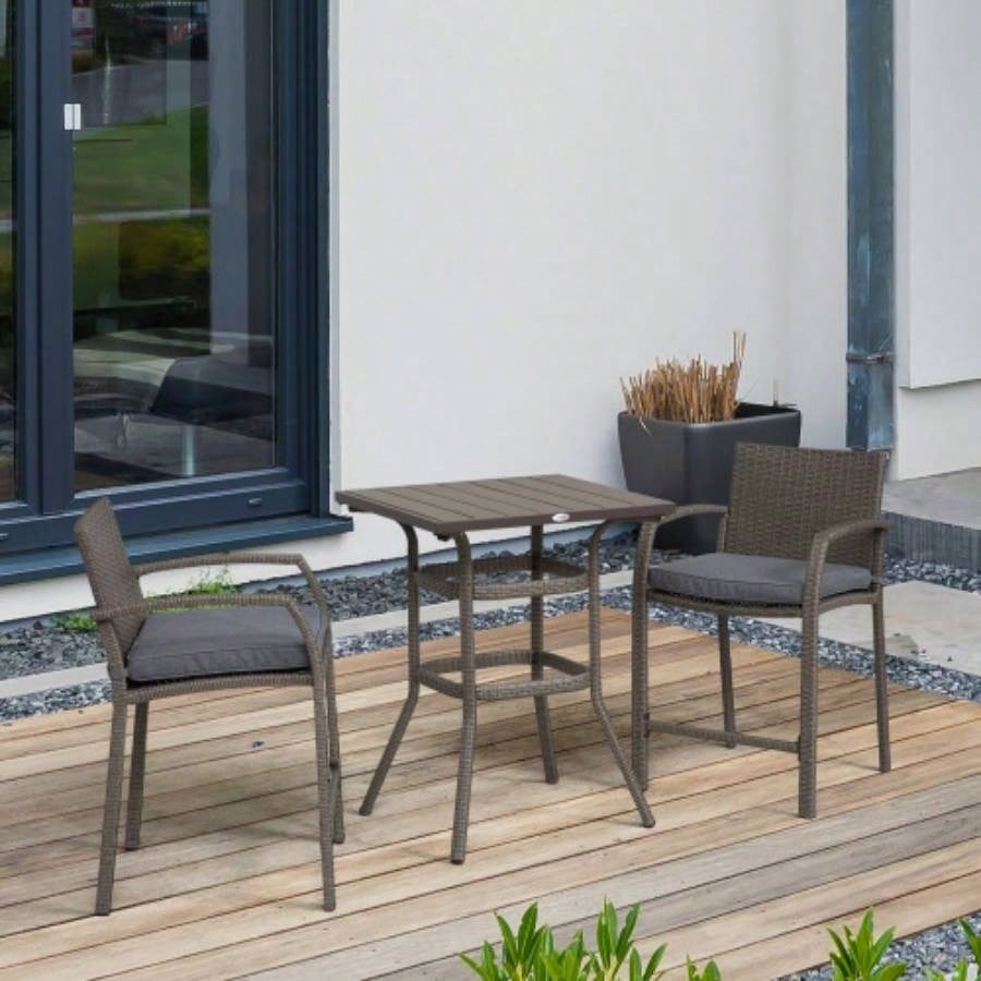 Outsunny 3 PCS Rattan Wicker Bar Set with Wood Grain Top Table and 2 Bar Stools Outdoor, Patio, Poolside, Garden,