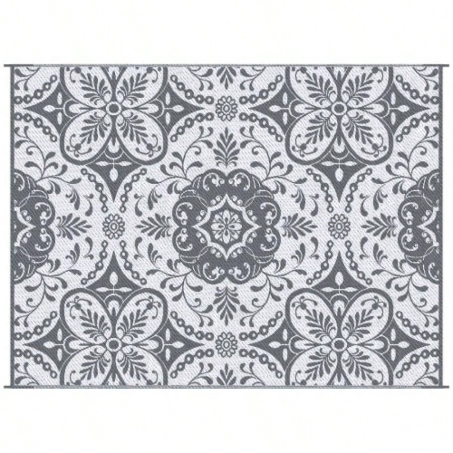 Outsunny Reversible Outdoor Rug Carpet, 9x 12 Waterproof Plastic Straw Rug, Portable RV Camping Rugs with Carry Bag, Large Floor Backyard, Deck, Picnic, Beach, Gray White Floral