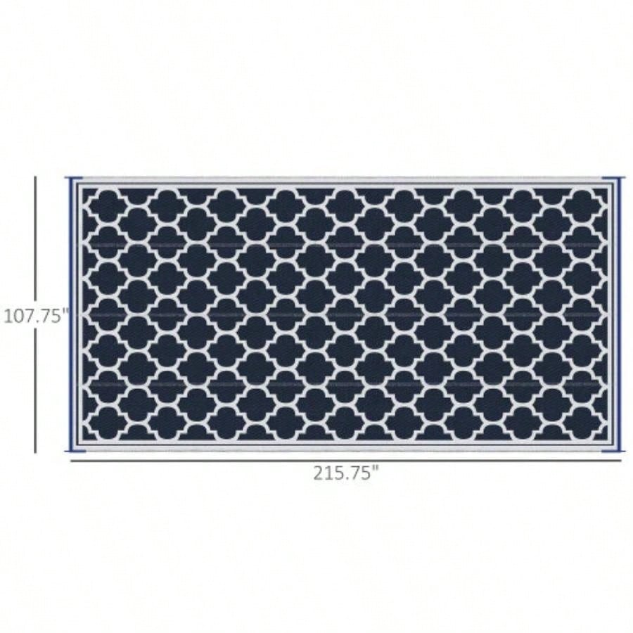 Outsunny Reversible Outdoor Rug Carpet, 9x 18 Waterproof Plastic Straw Rug, Portable RV Camping Rugs with Carry Bag, Large Floor Backyard, Deck, Picnic, Beach, Blue White
