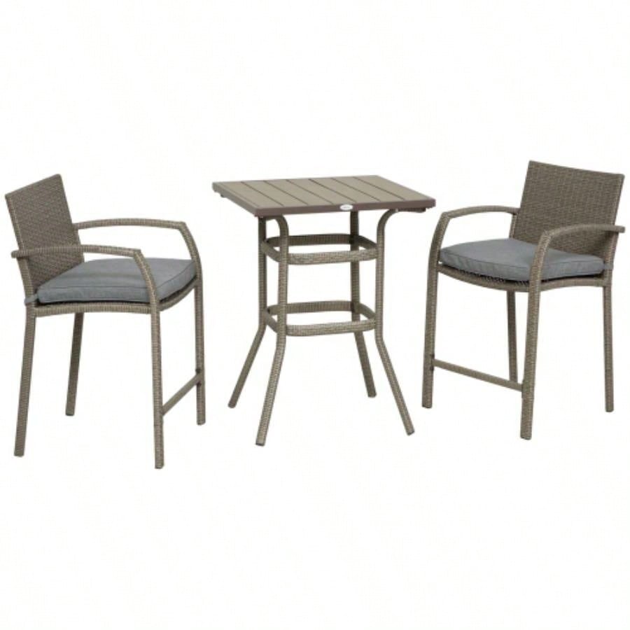 Outsunny 3 PCS Rattan Wicker Bar Set with Wood Grain Top Table and 2 Bar Stools Outdoor, Patio, Poolside, Garden,