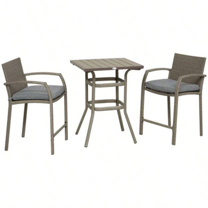 Outsunny 3 PCS Rattan Wicker Bar Set with Wood Grain Top Table and 2 Bar Stools Outdoor, Patio, Poolside, Garden,