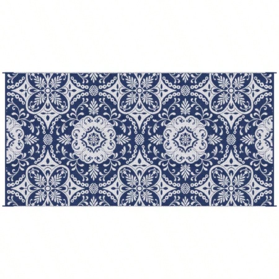 Outsunny Reversible Outdoor Rug Carpet, 9x 18 Waterproof Plastic Straw Rug, Portable RV Camping Rugs with Carry Bag, Large Floor Backyard, Deck, Picnic, Beach, Blue White Floral