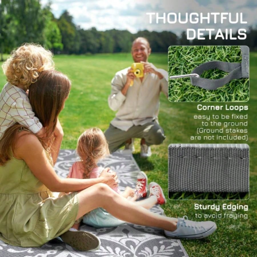 Outsunny Reversible Outdoor Rug Carpet, 9x 12 Waterproof Plastic Straw Rug, Portable RV Camping Rugs with Carry Bag, Large Floor Backyard, Deck, Picnic, Beach, Gray White Floral