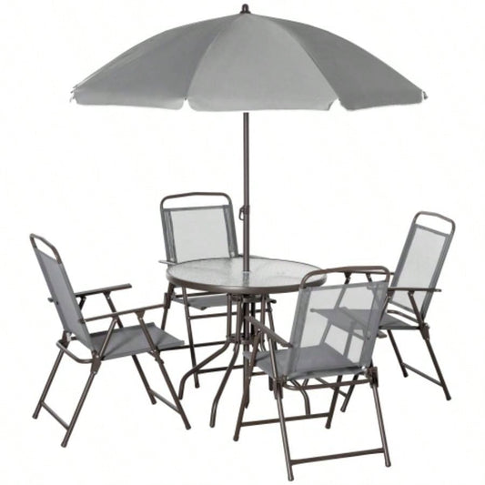 Outsunny 6 Piece Patio Dining Set 4 with, Outdoor Table and Chairs with 4 Folding Dining Chairs Round Glass Table Garden, Backyard and Poolside, Gray