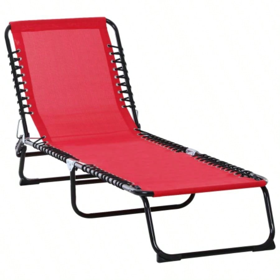 Outsunny Folding Chaise Lounge Pool Chair, Patio Tanning Chair, Outdoor Lounge Chair/ 4 - Position Reclining Back, Pillow, Breathable Mesh Bungee Beach, Yard, Patio, Wine Red