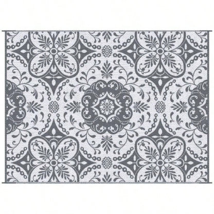 Outsunny Reversible Outdoor Rug Carpet, 9x 12 Waterproof Plastic Straw Rug, Portable RV Camping Rugs with Carry Bag, Large Floor Backyard, Deck, Picnic, Beach, Gray White Floral