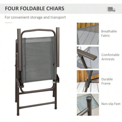 Outsunny 6 Piece Patio Dining Set 4 with, Outdoor Table and Chairs with 4 Folding Dining Chairs Round Glass Table Garden, Backyard and Poolside, Gray