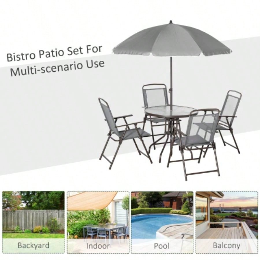 Outsunny 6 Piece Patio Dining Set 4 with, Outdoor Table and Chairs with 4 Folding Dining Chairs Round Glass Table Garden, Backyard and Poolside, Gray