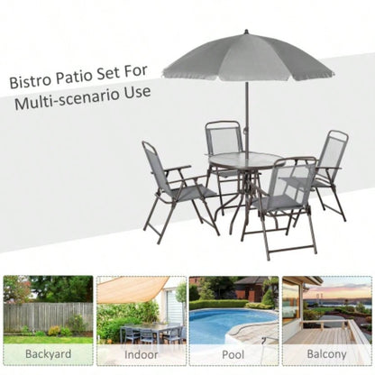 Outsunny 6 Piece Patio Dining Set 4 with, Outdoor Table and Chairs with 4 Folding Dining Chairs Round Glass Table Garden, Backyard and Poolside, Gray