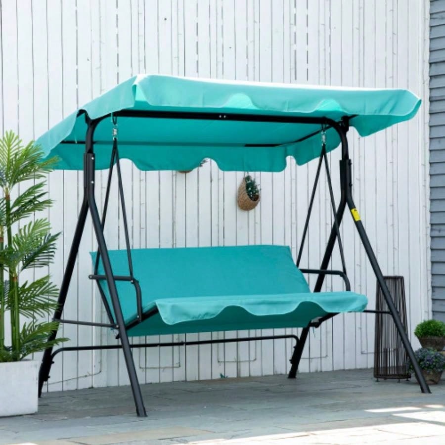 Outsunny Patio Porch Swing Chair with Adjustable Canopy, Seats 3 Adults, Steel Frame, Armrests, Green