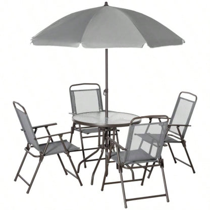 Outsunny 6 Piece Patio Dining Set 4 with, Outdoor Table and Chairs with 4 Folding Dining Chairs Round Glass Table Garden, Backyard and Poolside, Gray