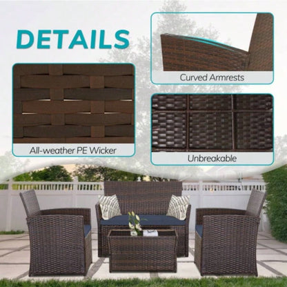 4 Piece Outdoor PE Wicker Furniture Set, Patio Brown Rattan Sectional Sofa Couch with Washable Cushions