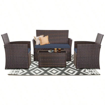 4 Piece Outdoor PE Wicker Furniture Set, Patio Brown Rattan Sectional Sofa Couch with Washable Cushions