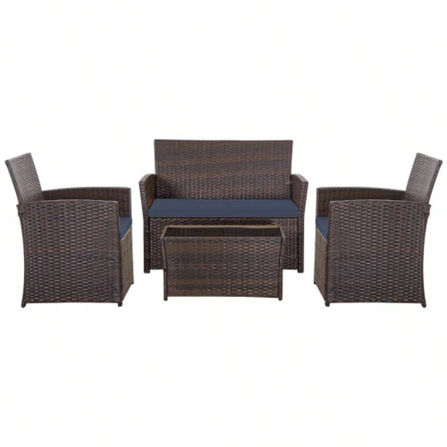 4 Piece Outdoor PE Wicker Furniture Set, Patio Brown Rattan Sectional Sofa Couch with Washable Cushions