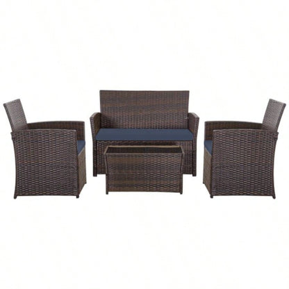 4 Piece Outdoor PE Wicker Furniture Set, Patio Brown Rattan Sectional Sofa Couch with Washable Cushions