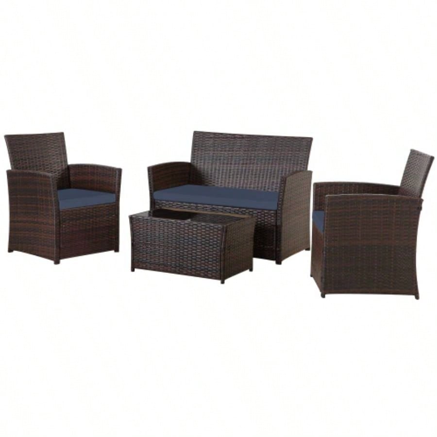 4 Piece Outdoor PE Wicker Furniture Set, Patio Brown Rattan Sectional Sofa Couch with Washable Cushions