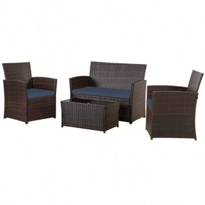 4 Piece Outdoor PE Wicker Furniture Set, Patio Brown Rattan Sectional Sofa Couch with Washable Cushions