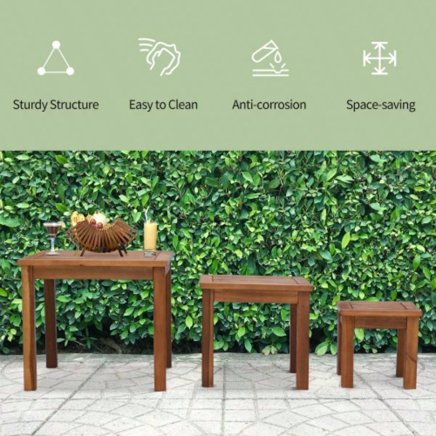 Outsunny 3 Piece Outdoor Side Nesting Table Patio Set with Acacia Wood Build Multi - Functional Design
