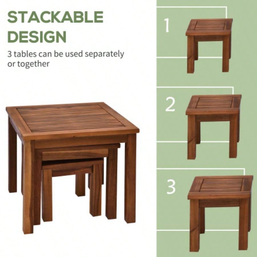 Outsunny 3 Piece Outdoor Side Nesting Table Patio Set with Acacia Wood Build Multi - Functional Design