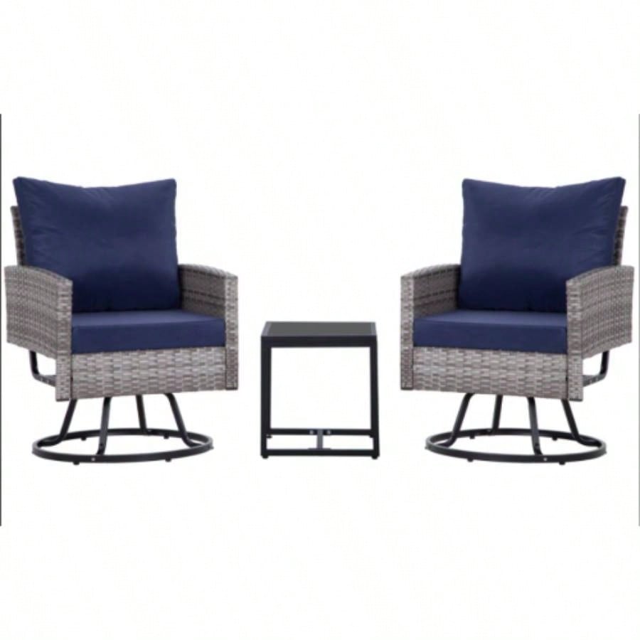 3 - Piece Wicker Patio Furniture Set Rattan Swivel Chairs with Coffee Table, Outdoor Seating Porch, Balcony, Garden Wicker/Blue Cushions