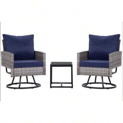 3 - Piece Wicker Patio Furniture Set Rattan Swivel Chairs with Coffee Table, Outdoor Seating Porch, Balcony, Garden Wicker/Blue Cushions