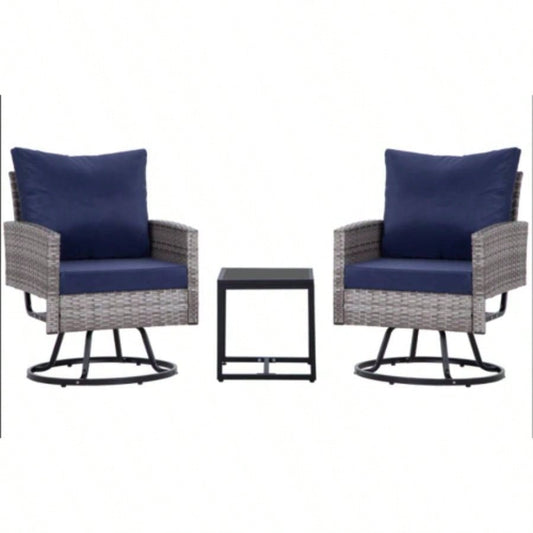 3 - Piece Wicker Patio Furniture Set Rattan Swivel Chairs with Coffee Table, Outdoor Seating Porch, Balcony, Garden Wicker/Blue Cushions