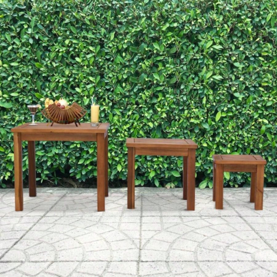 Outsunny 3 Piece Outdoor Side Nesting Table Patio Set with Acacia Wood Build Multi - Functional Design
