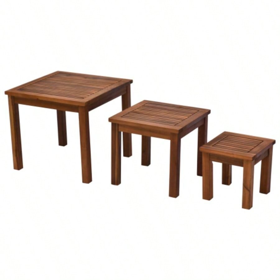 Outsunny 3 Piece Outdoor Side Nesting Table Patio Set with Acacia Wood Build Multi - Functional Design