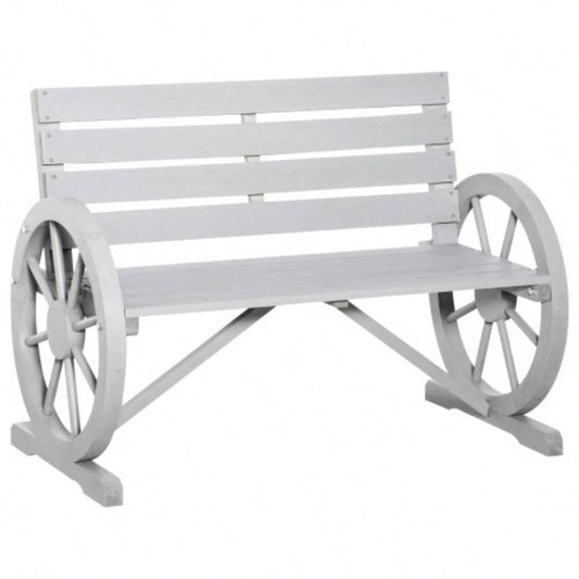 Outsunny 41 Wooden Wagon Wheel, Rustic Outdoor Patio Weather Resistance Furniture, 2 - Person Slatted with Backrest, Light Gray