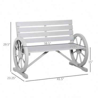 Outsunny 41 Wooden Wagon Wheel, Rustic Outdoor Patio Weather Resistance Furniture, 2 - Person Slatted with Backrest, Light Gray