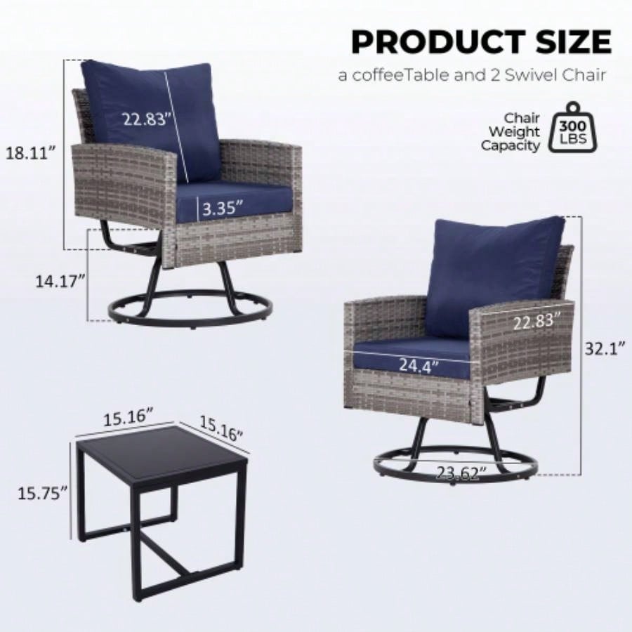 3 - Piece Wicker Patio Furniture Set Rattan Swivel Chairs with Coffee Table, Outdoor Seating Porch, Balcony, Garden Wicker/Blue Cushions