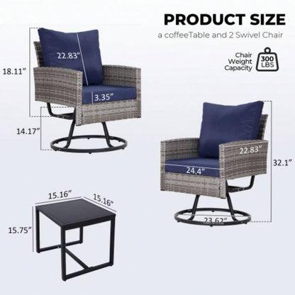 3 - Piece Wicker Patio Furniture Set Rattan Swivel Chairs with Coffee Table, Outdoor Seating Porch, Balcony, Garden Wicker/Blue Cushions