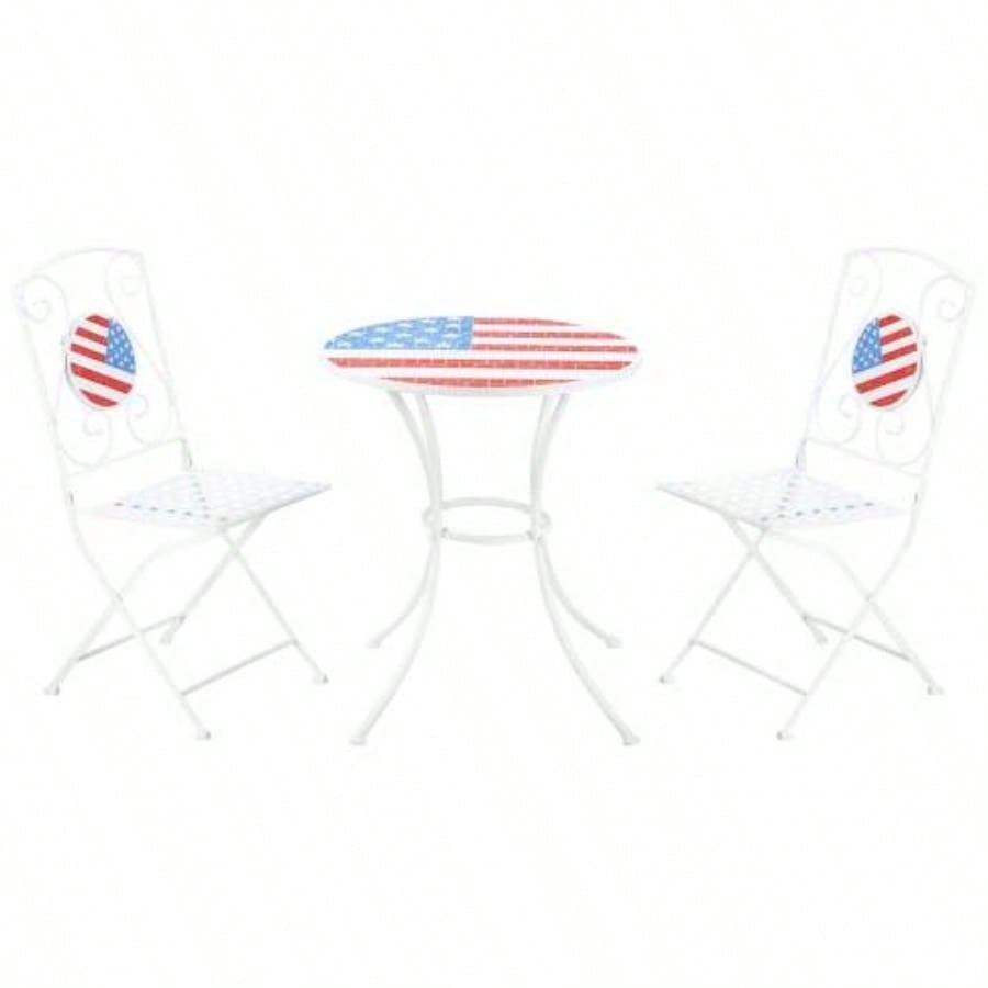 3 Piece Patio Bistro Set, Folding Outdoor Furniture with USA Table and Chairs, Portable Metal Frames 4th of July, Balcony, Backyard, Poolside, Porch, American