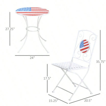 3 Piece Patio Bistro Set, Folding Outdoor Furniture with USA Table and Chairs, Portable Metal Frames 4th of July, Balcony, Backyard, Poolside, Porch, American