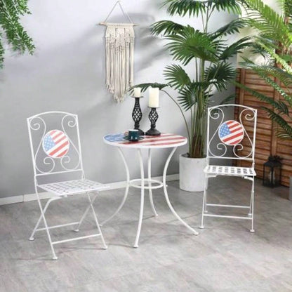 3 Piece Patio Bistro Set, Folding Outdoor Furniture with USA Table and Chairs, Portable Metal Frames 4th of July, Balcony, Backyard, Poolside, Porch, American