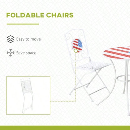 3 Piece Patio Bistro Set, Folding Outdoor Furniture with USA Table and Chairs, Portable Metal Frames 4th of July, Balcony, Backyard, Poolside, Porch, American