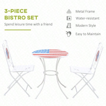 3 Piece Patio Bistro Set, Folding Outdoor Furniture with USA Table and Chairs, Portable Metal Frames 4th of July, Balcony, Backyard, Poolside, Porch, American