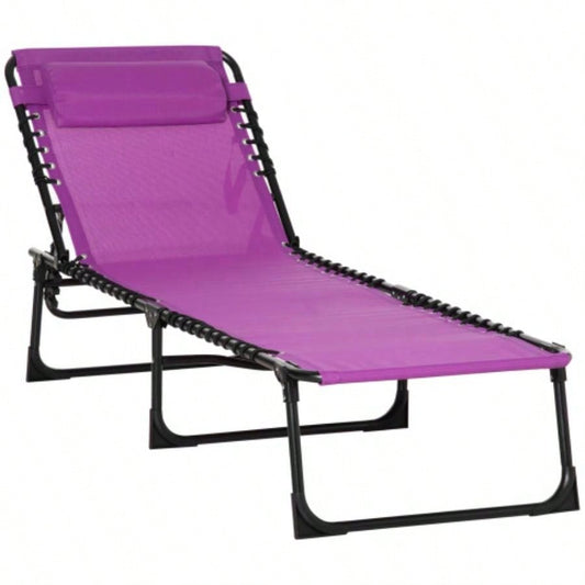 Outsunny Folding Chaise Lounge Pool Chair, Patio Tanning Chair, Outdoor Lounge Chair/ 4 - Position Reclining Back, Pillow, Breathable Mesh Bungee Beach, Yard, Patio, Purple