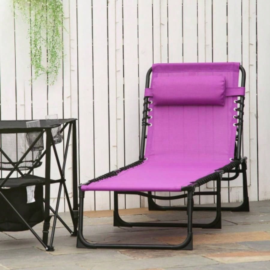 Outsunny Folding Chaise Lounge Pool Chair, Patio Tanning Chair, Outdoor Lounge Chair/ 4 - Position Reclining Back, Pillow, Breathable Mesh Bungee Beach, Yard, Patio, Purple
